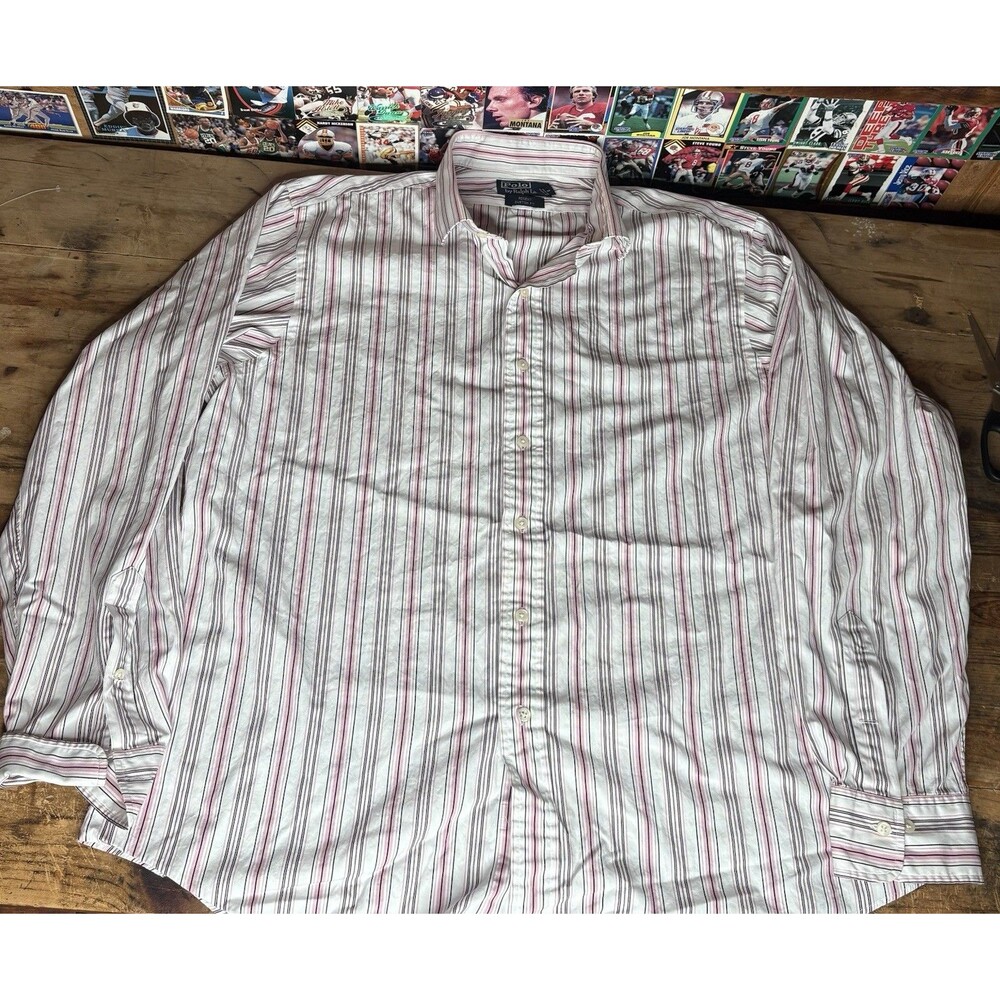 VTG Polo Ralph Lauren Regent Custom Fit Button Down Shirt Pink Striped XL 17.5